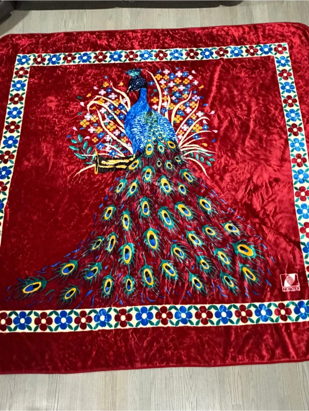 VINTAGE Mexican Novatex Colorful Peacock Blanket King Size Acrylic